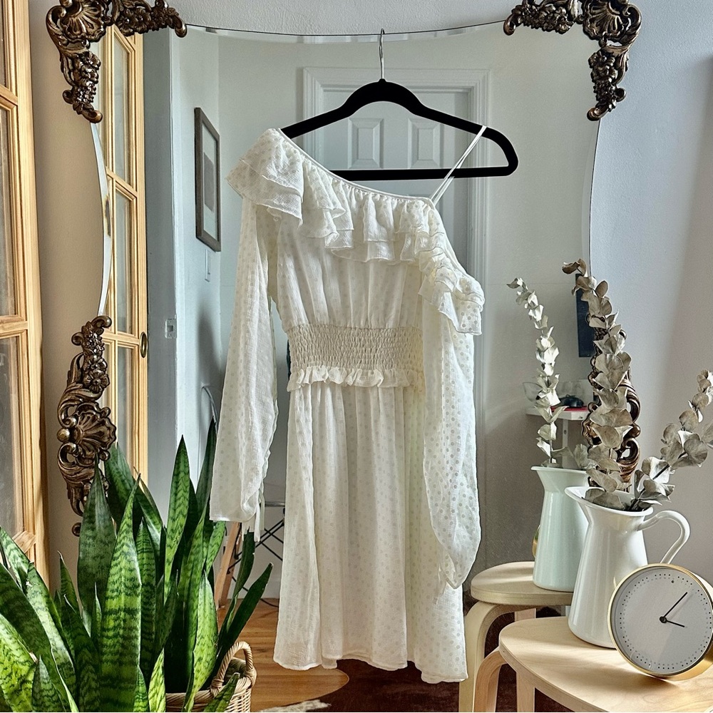 H&M White Ruffle Smocked One-shoulder dress